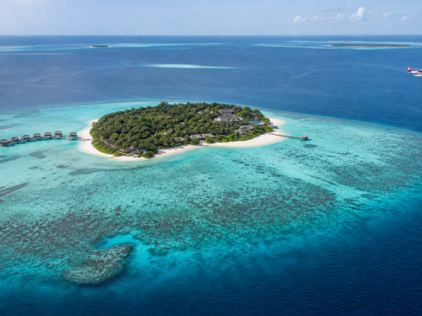 Aerial view of a private Maldives island, house reef and arriving seaplane