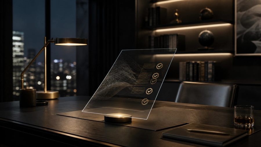 Editorial concept image of a private desk with a glass page and gold verification details