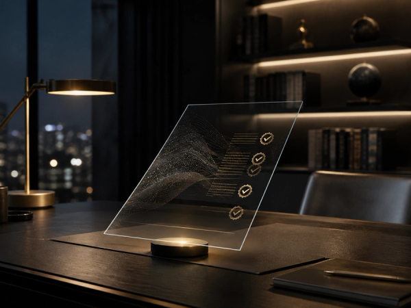 Editorial concept image of a private desk with a glass page and gold verification details