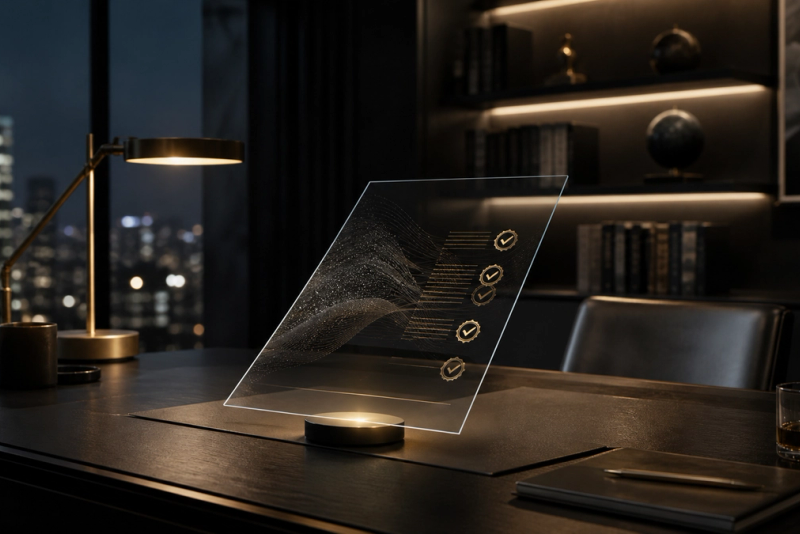 Editorial concept image of a private desk with a glass page and gold verification details