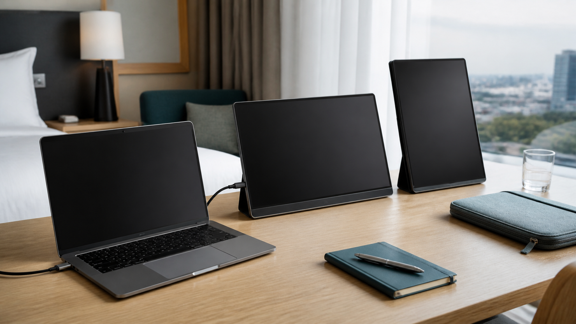 Portable monitor expanding a laptop workspace on a hotel desk