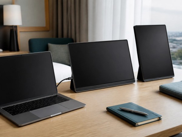 Portable monitor expanding a laptop workspace on a hotel desk