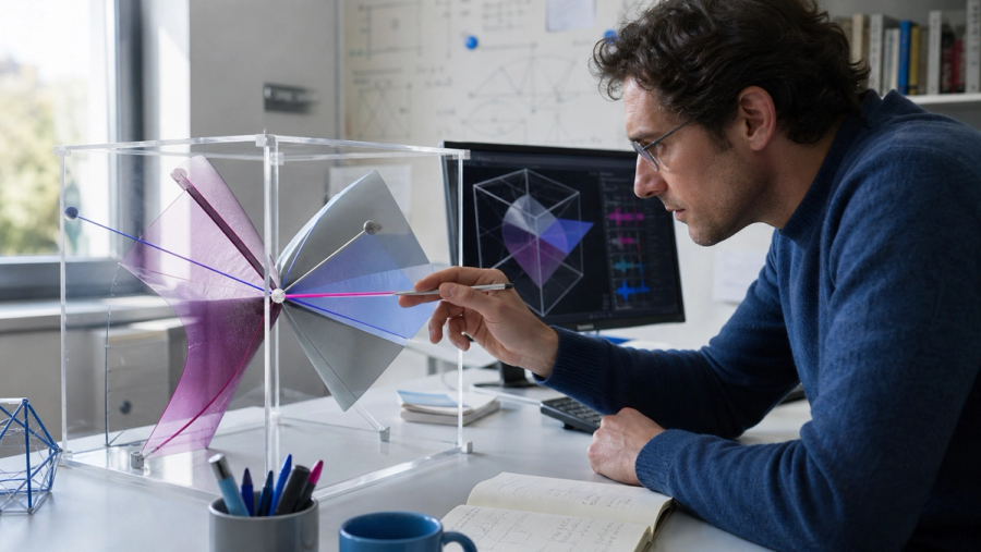 A mathematician checking a three-variable polynomial map beside a formal proof interface