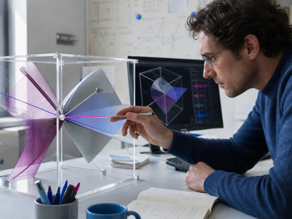A mathematician checking a three-variable polynomial map beside a formal proof interface