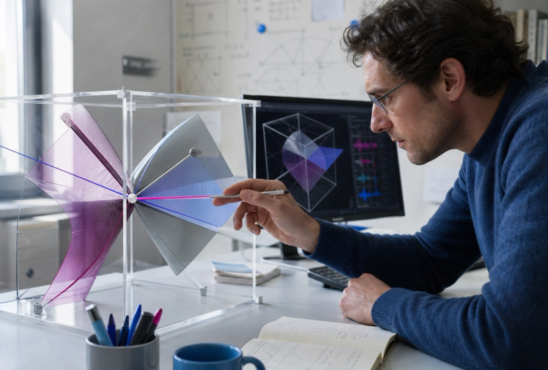 A mathematician checking a three-variable polynomial map beside a formal proof interface