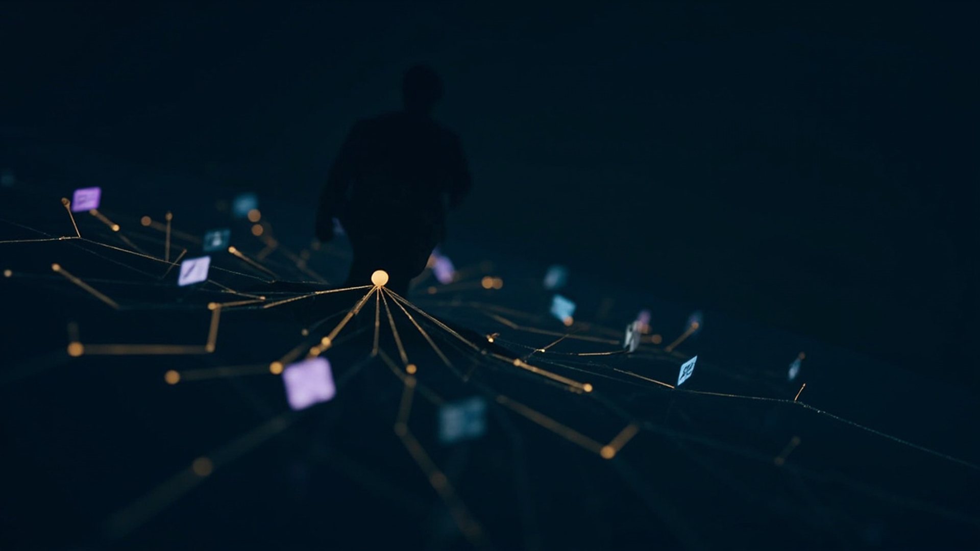 Abstract editorial visualization of personal devices forming a constellation around a single user at the center of their own hardware layer