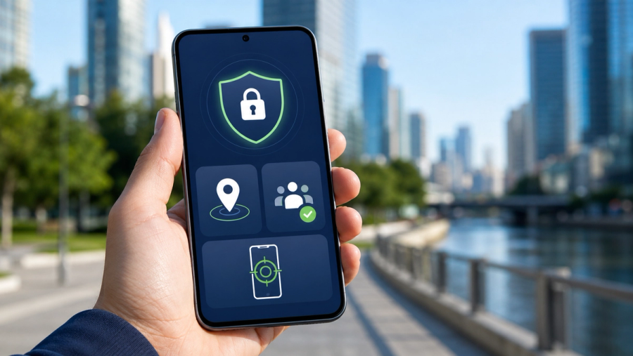 Android phone displaying security, location and lost-device controls