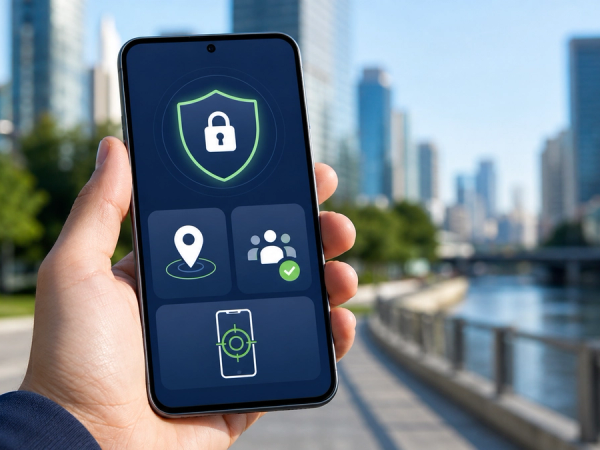 Android phone displaying security, location and lost-device controls