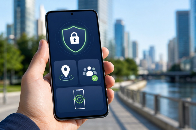 Android phone displaying security, location and lost-device controls