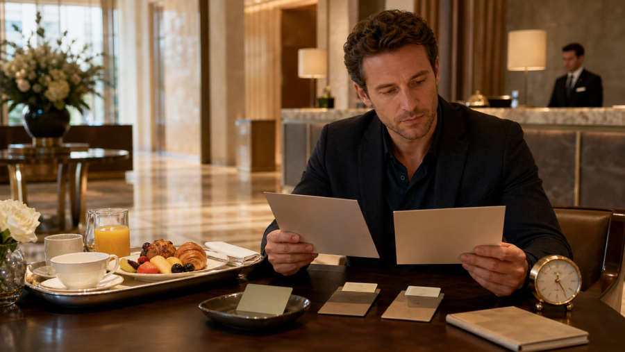 Luxury traveller comparing hotel booking benefits and late-checkout value
