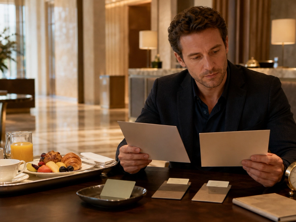 Luxury traveller comparing hotel booking benefits and late-checkout value