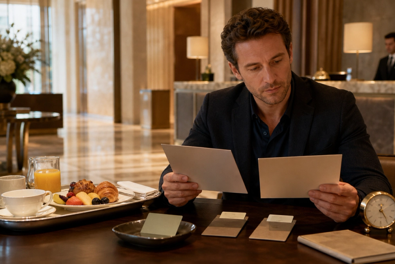 Luxury traveller comparing hotel booking benefits and late-checkout value