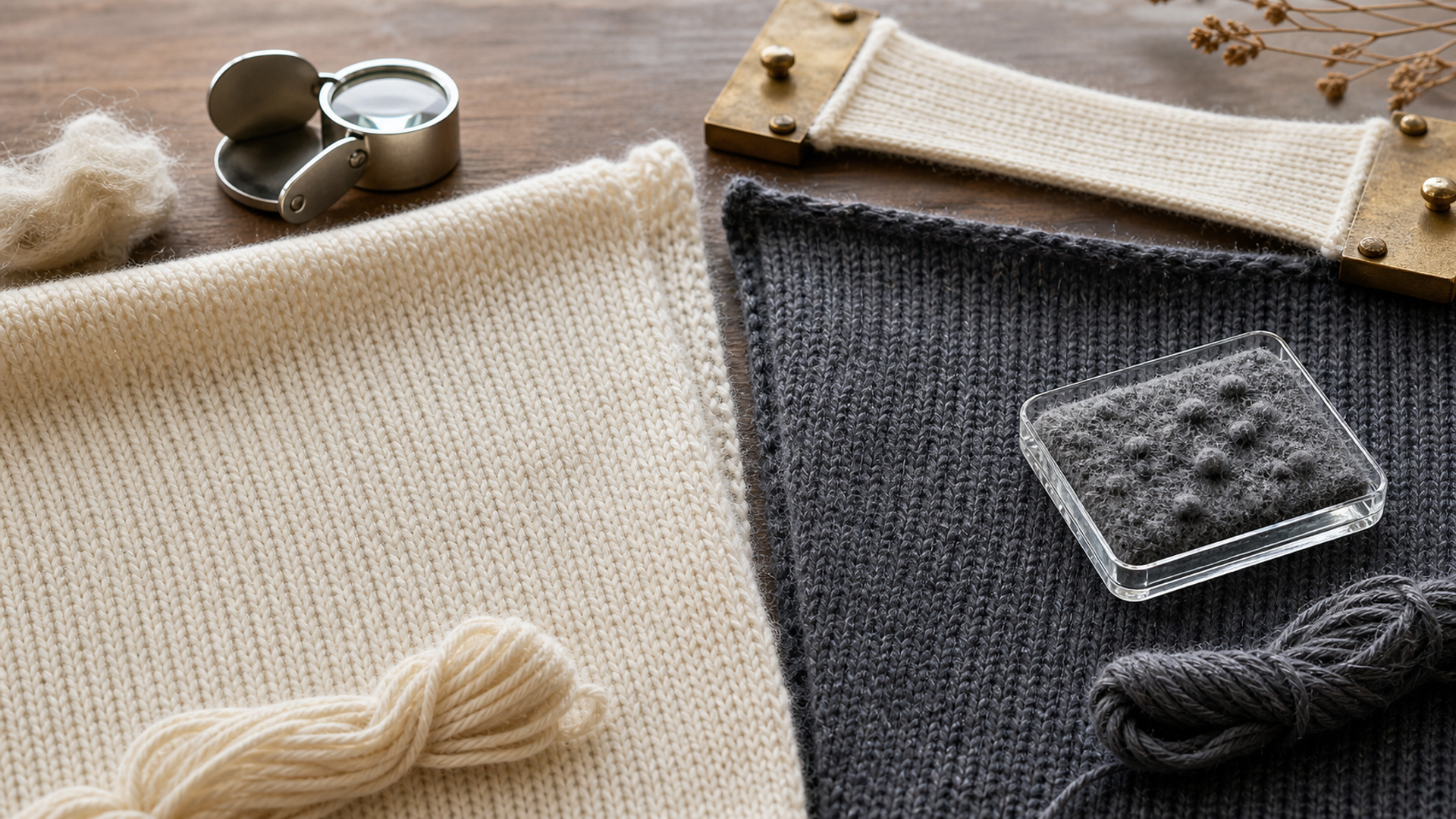 Cashmere and fine wool knit swatches compared for fibre, pilling and recovery