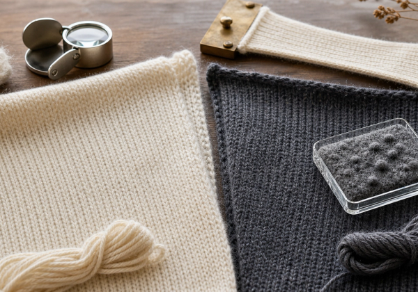 Cashmere and fine wool knit swatches compared for fibre, pilling and recovery