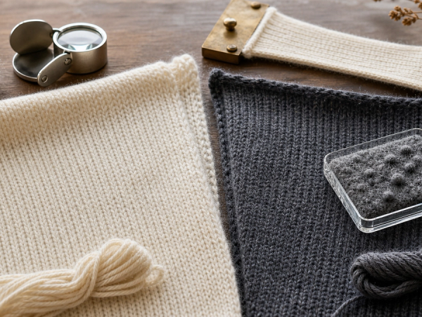 Cashmere and fine wool knit swatches compared for fibre, pilling and recovery