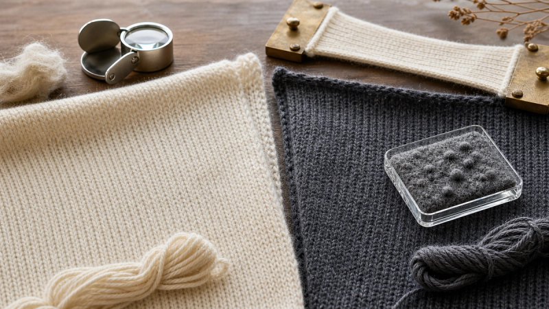 Cashmere and fine wool knit swatches compared for fibre, pilling and recovery