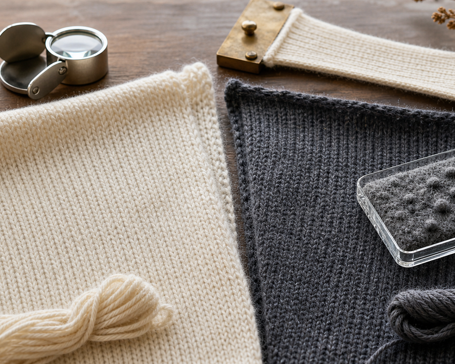 Cashmere and fine wool knit swatches compared for fibre, pilling and recovery