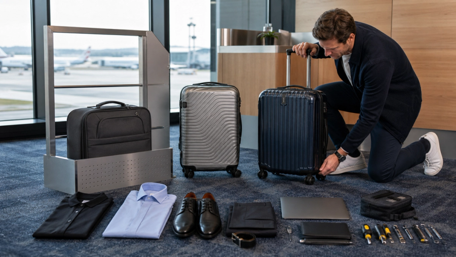 Business traveller comparing carry-on size, packing layout and repairability