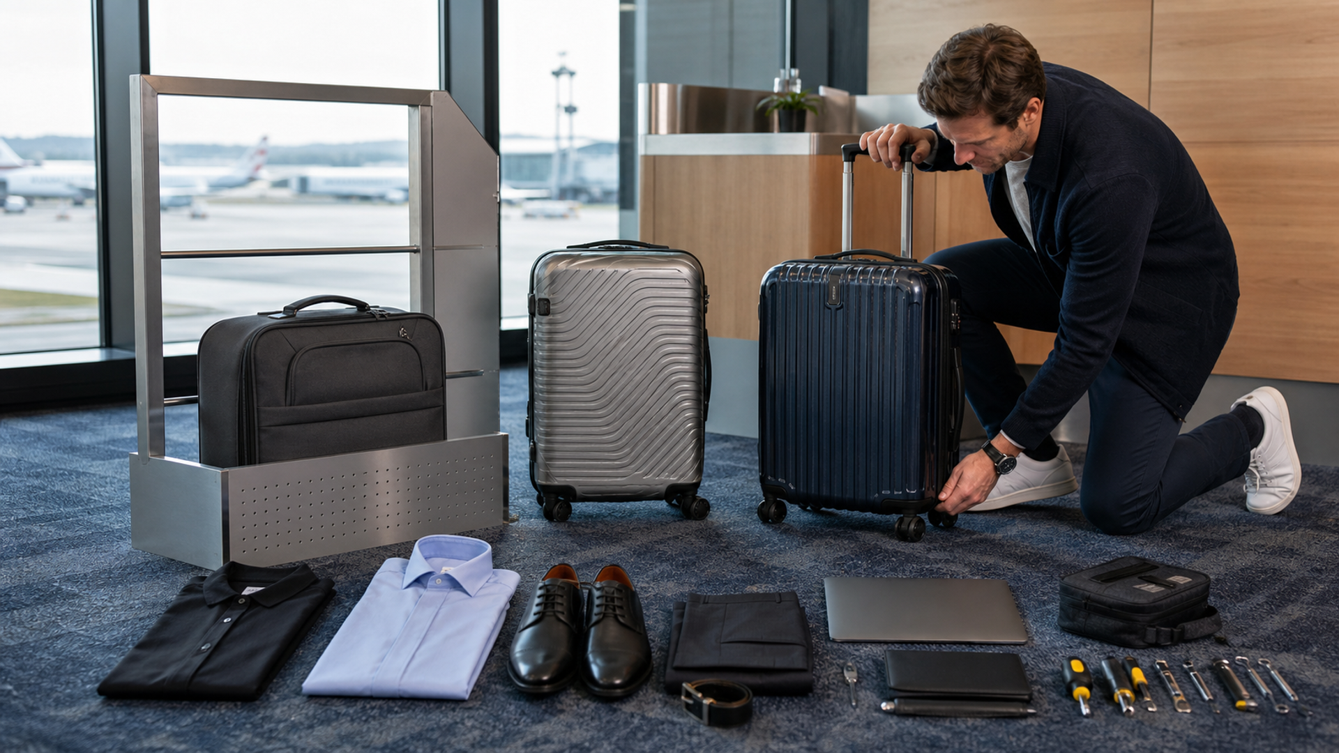 Business traveller comparing carry-on size, packing layout and repairability