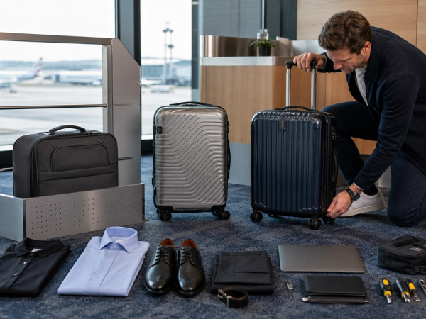 Business traveller comparing carry-on size, packing layout and repairability
