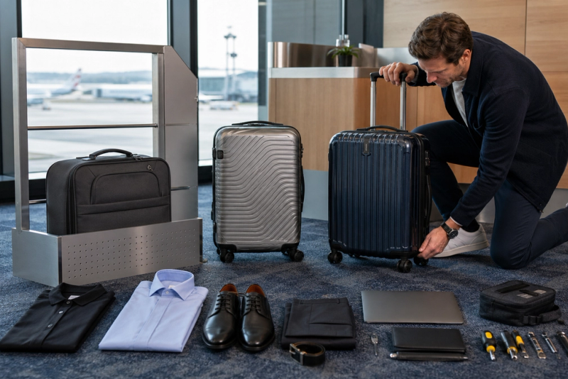 Business traveller comparing carry-on size, packing layout and repairability