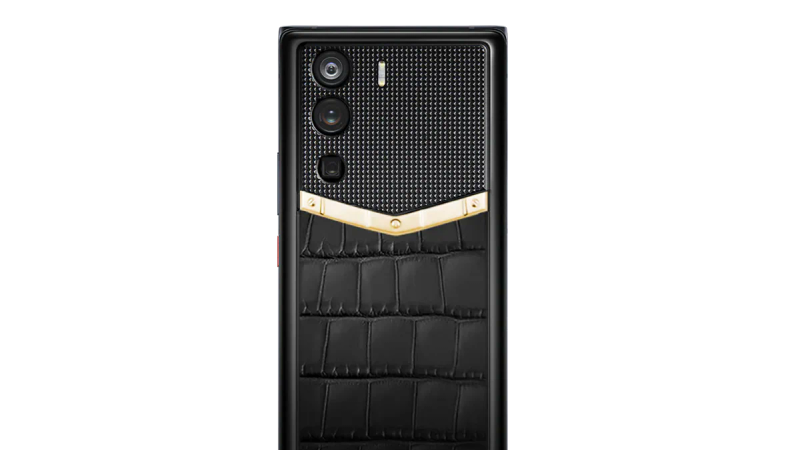 A detailed view of the intricate craftsmanship on a luxury smartphone.