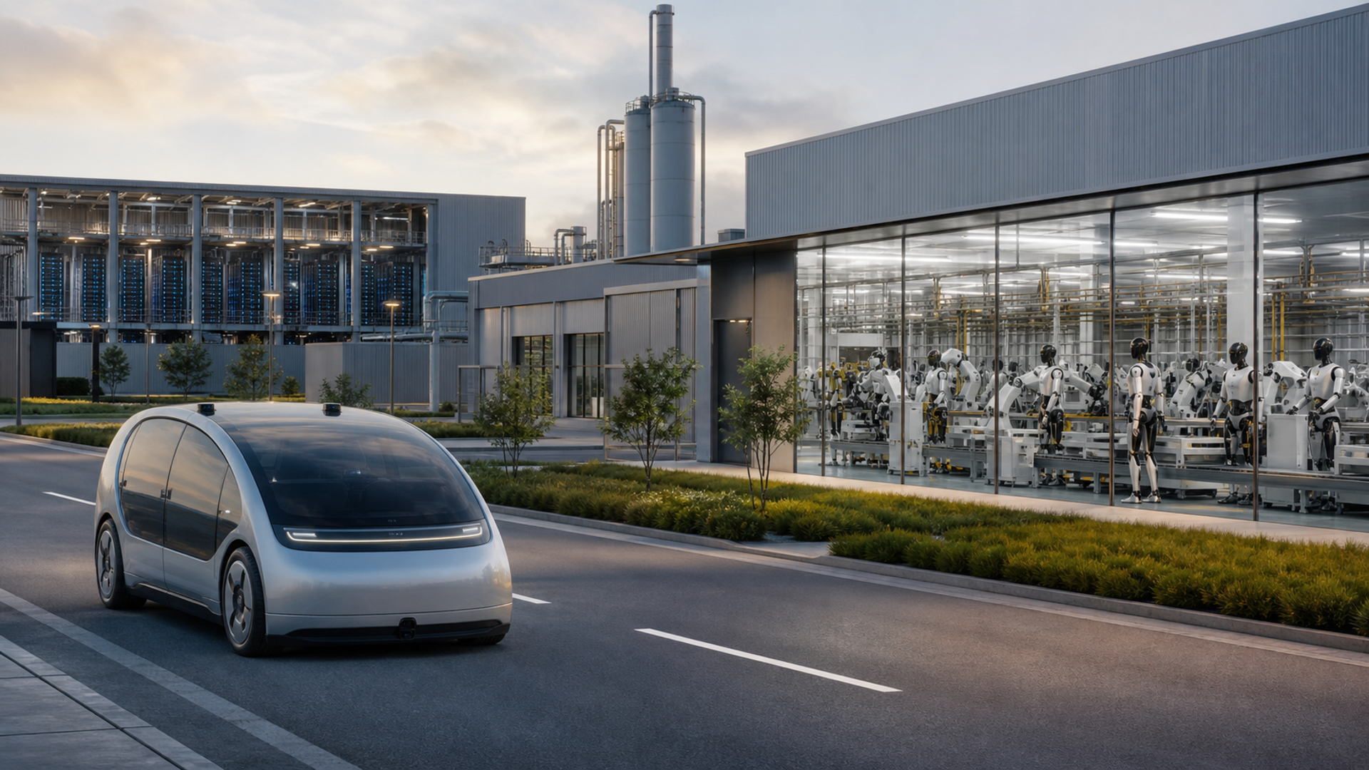 An autonomous electric vehicle, a humanoid robot production line and an AI compute facility shown in one realistic industrial scene