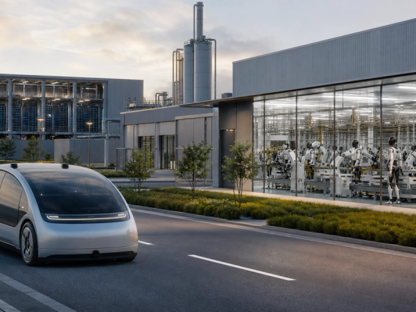An autonomous electric vehicle, a humanoid robot production line and an AI compute facility shown in one realistic industrial scene