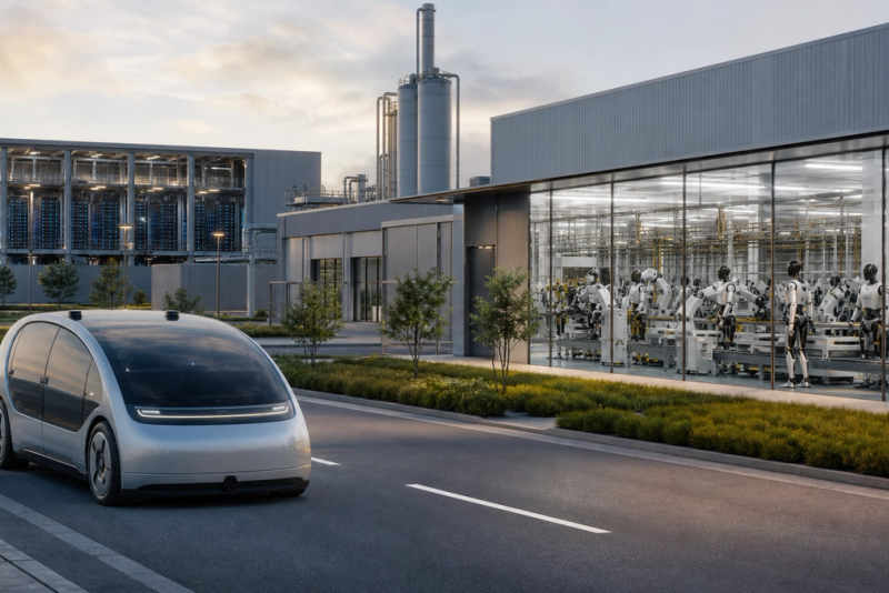An autonomous electric vehicle, a humanoid robot production line and an AI compute facility shown in one realistic industrial scene