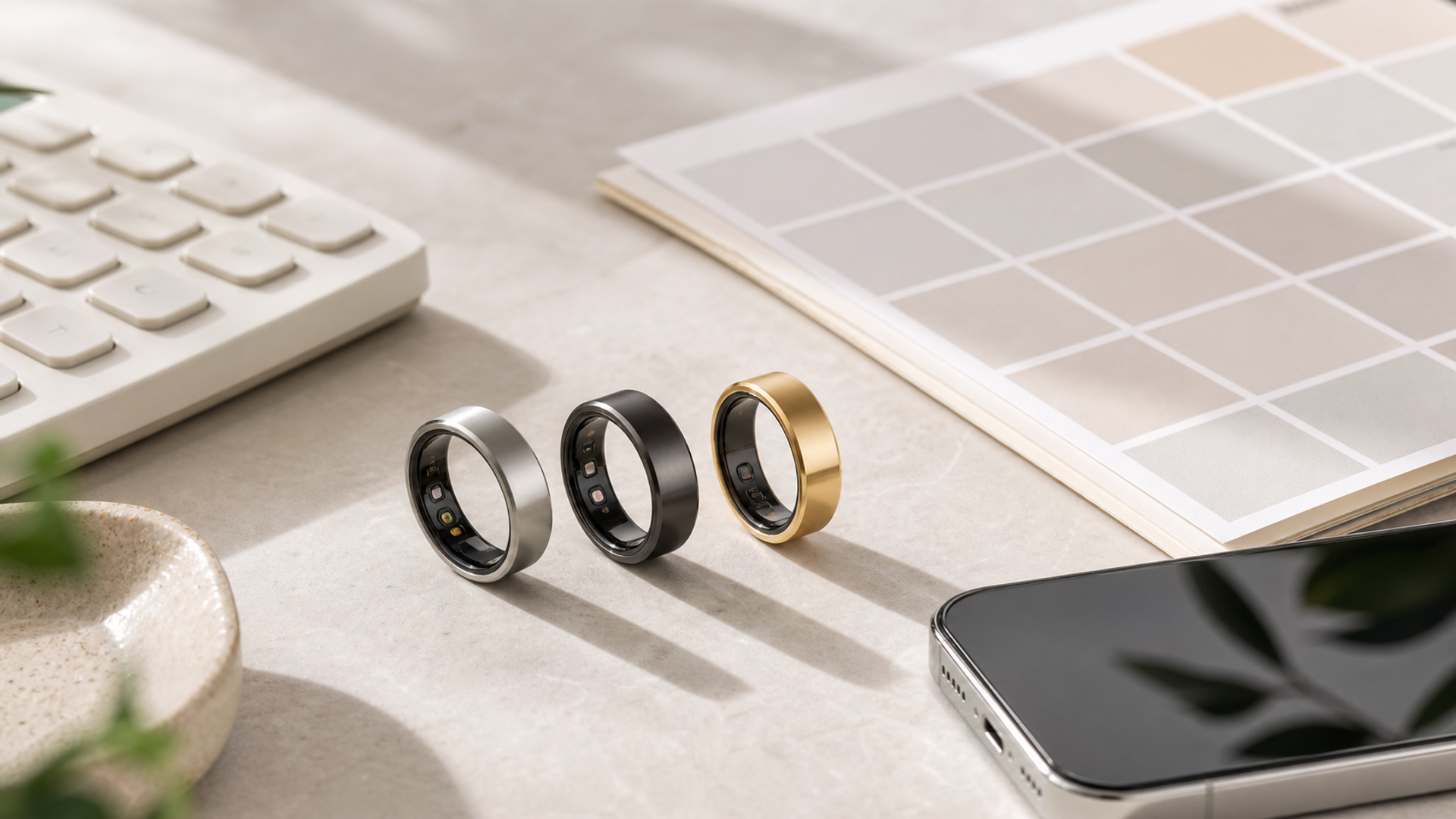 Three unbranded smart rings beside a calculator, calendar and separate charging docks on a bright tabletop, realistic consumer comparison photography without text
