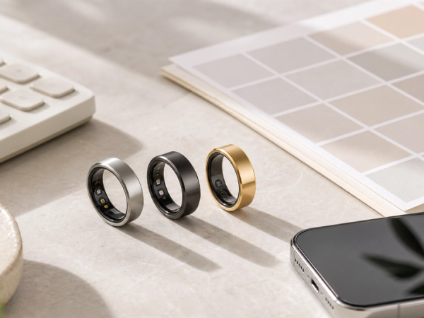 Three unbranded smart rings beside a calculator, calendar and separate charging docks on a bright tabletop, realistic consumer comparison photography without text
