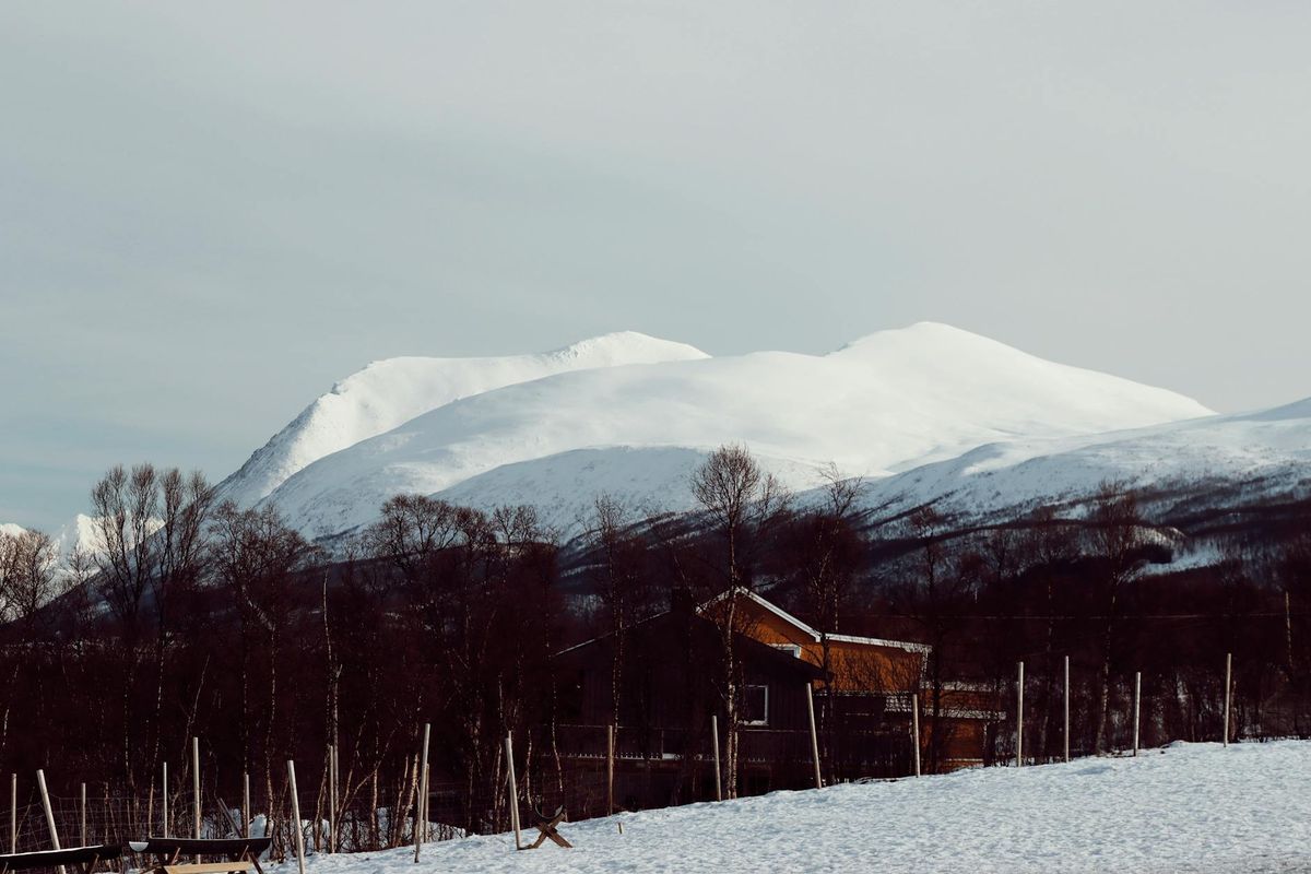 Serene winter scene of snowy mountains and a rustic cabin in Tromsø, Norway.