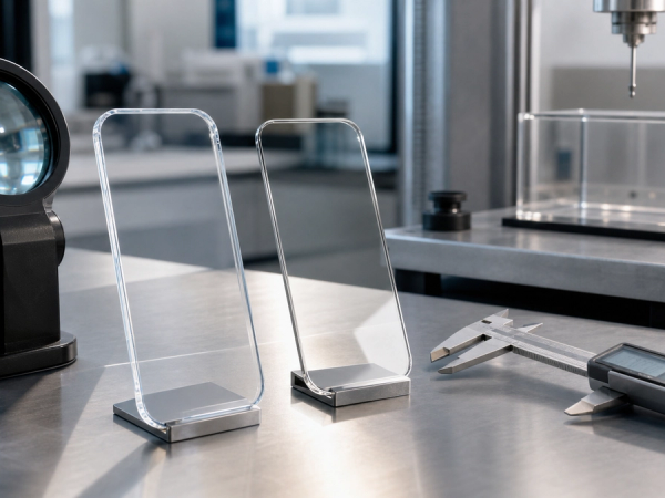 Two unbranded phone cover materials examined under side lighting, one sapphire crystal sample and one chemically strengthened glass sample beside precision testing tools
