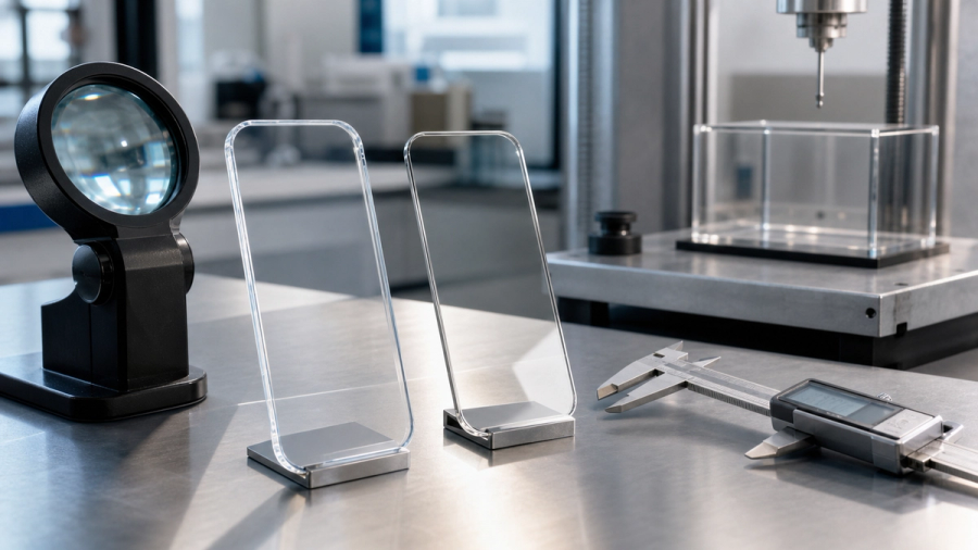 Two unbranded phone cover materials examined under side lighting, one sapphire crystal sample and one chemically strengthened glass sample beside precision testing tools
