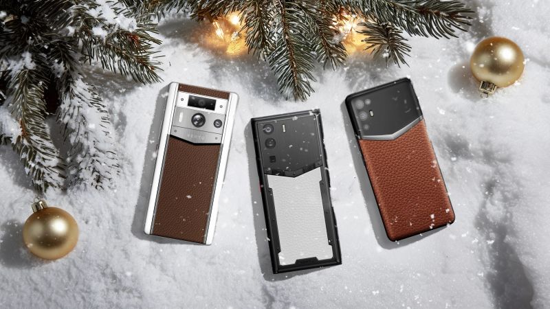 A luxury phone with a distinctive leather finish, highlighting its premium feel.