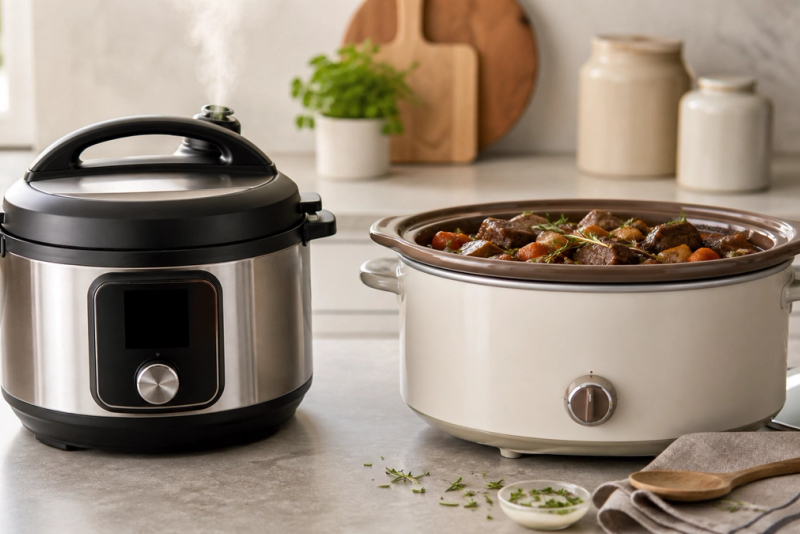 Pressure Cooker vs Slow Cooker shown in a practical side-by-side comparison