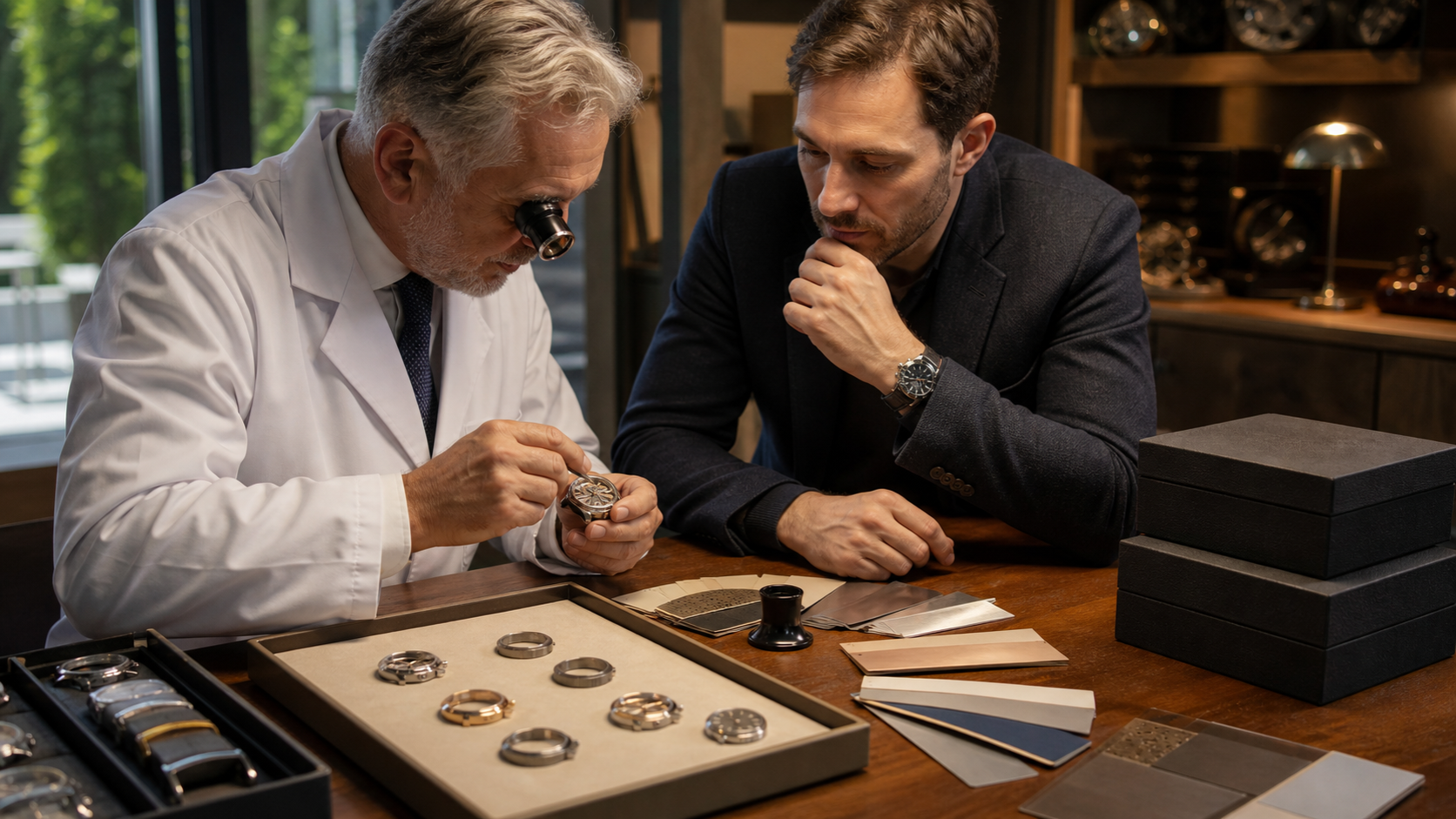 Collector and watchmaker evaluating case materials and mechanical craftsmanship