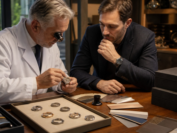 Collector and watchmaker evaluating case materials and mechanical craftsmanship