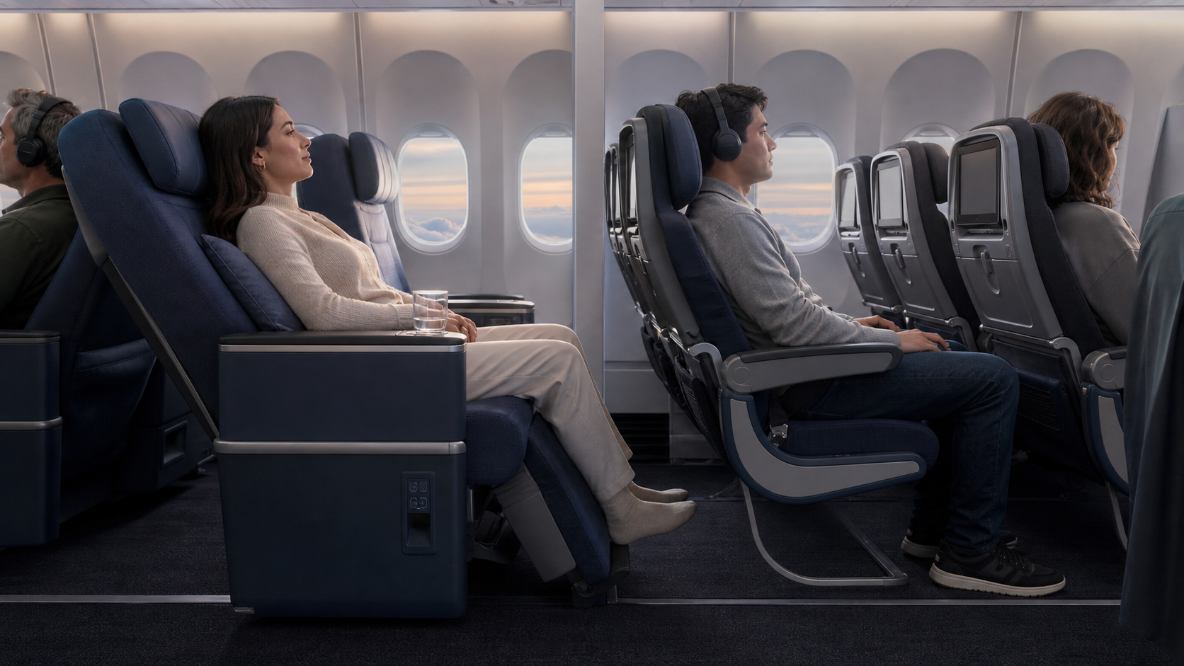 Premium-economy recliner and extra-legroom economy seats compared on a long-haul flight