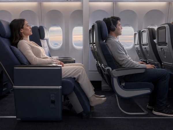 Premium-economy recliner and extra-legroom economy seats compared on a long-haul flight