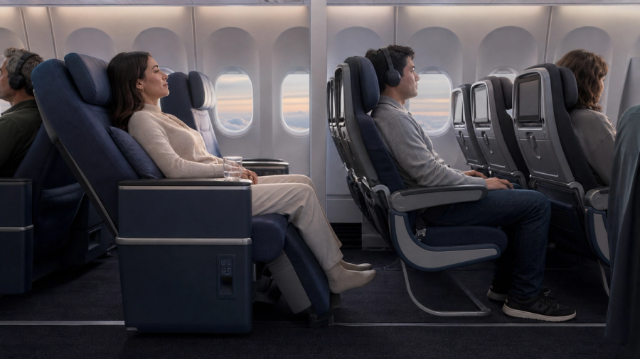 Premium-economy recliner and extra-legroom economy seats compared on a long-haul flight