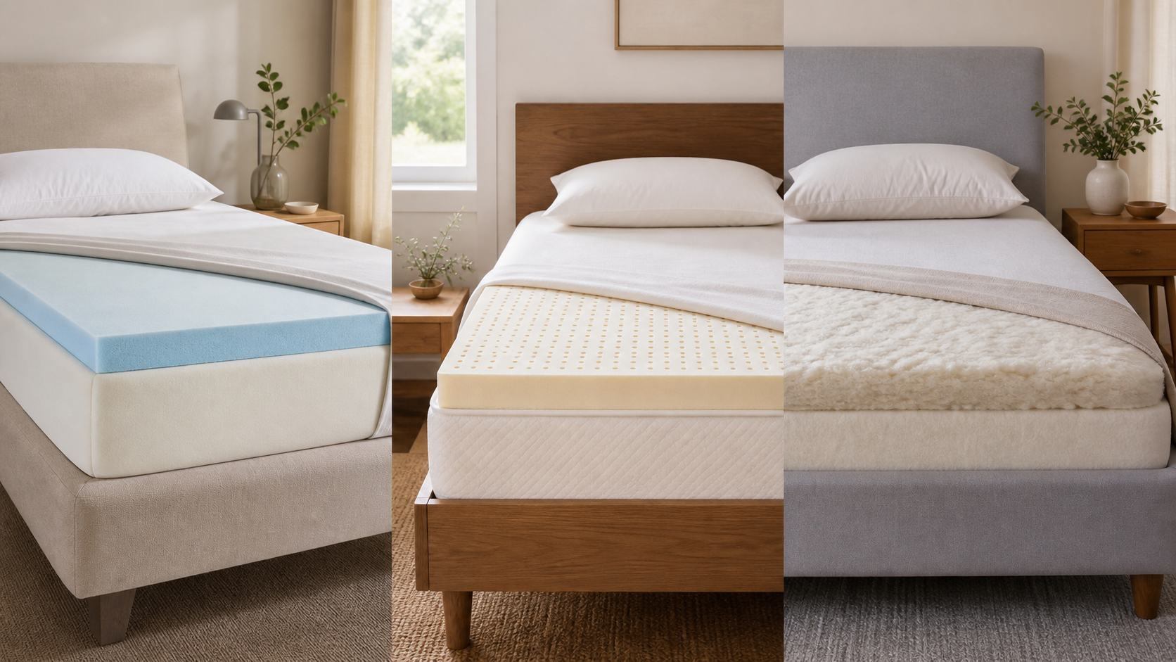 Foam, latex and wool mattress toppers compared on three beds