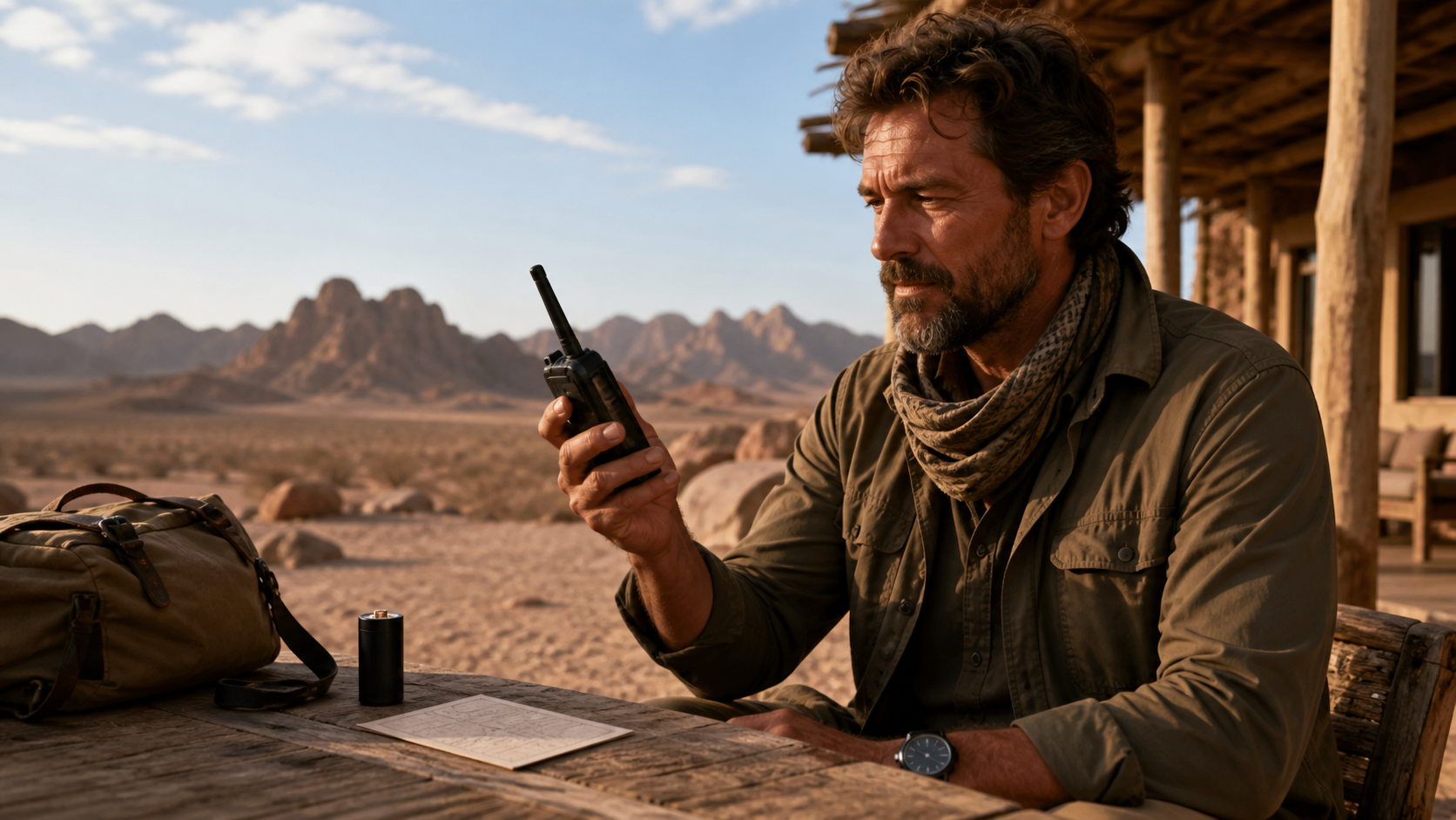 A traveller testing a satellite phone beside spare power and a printed emergency contact card