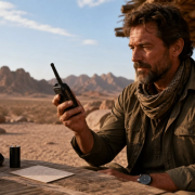A traveller testing a satellite phone beside spare power and a printed emergency contact card