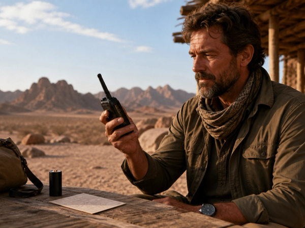 A traveller testing a satellite phone beside spare power and a printed emergency contact card