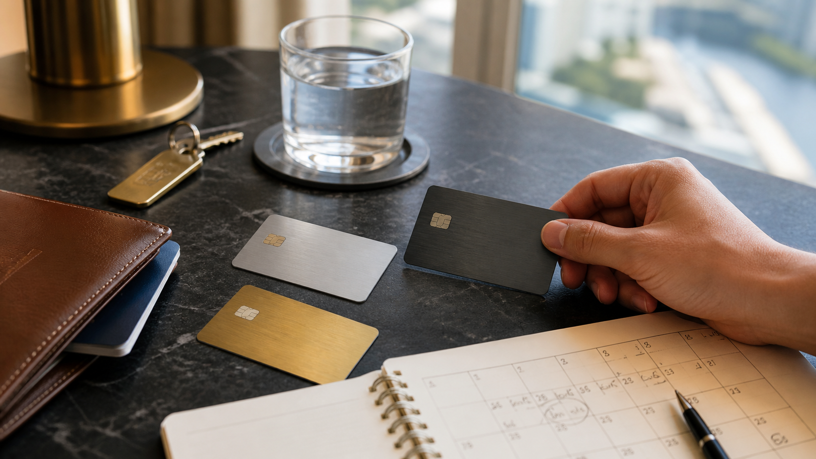 Hotel credit card decision setup with room key, passport sleeve and travel calendar