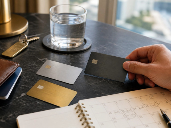 Hotel credit card decision setup with room key, passport sleeve and travel calendar