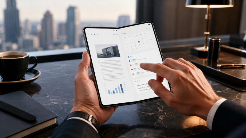 A premium 5G Android phone held in hand, highlighting its ergonomic design and luxurious texture.
