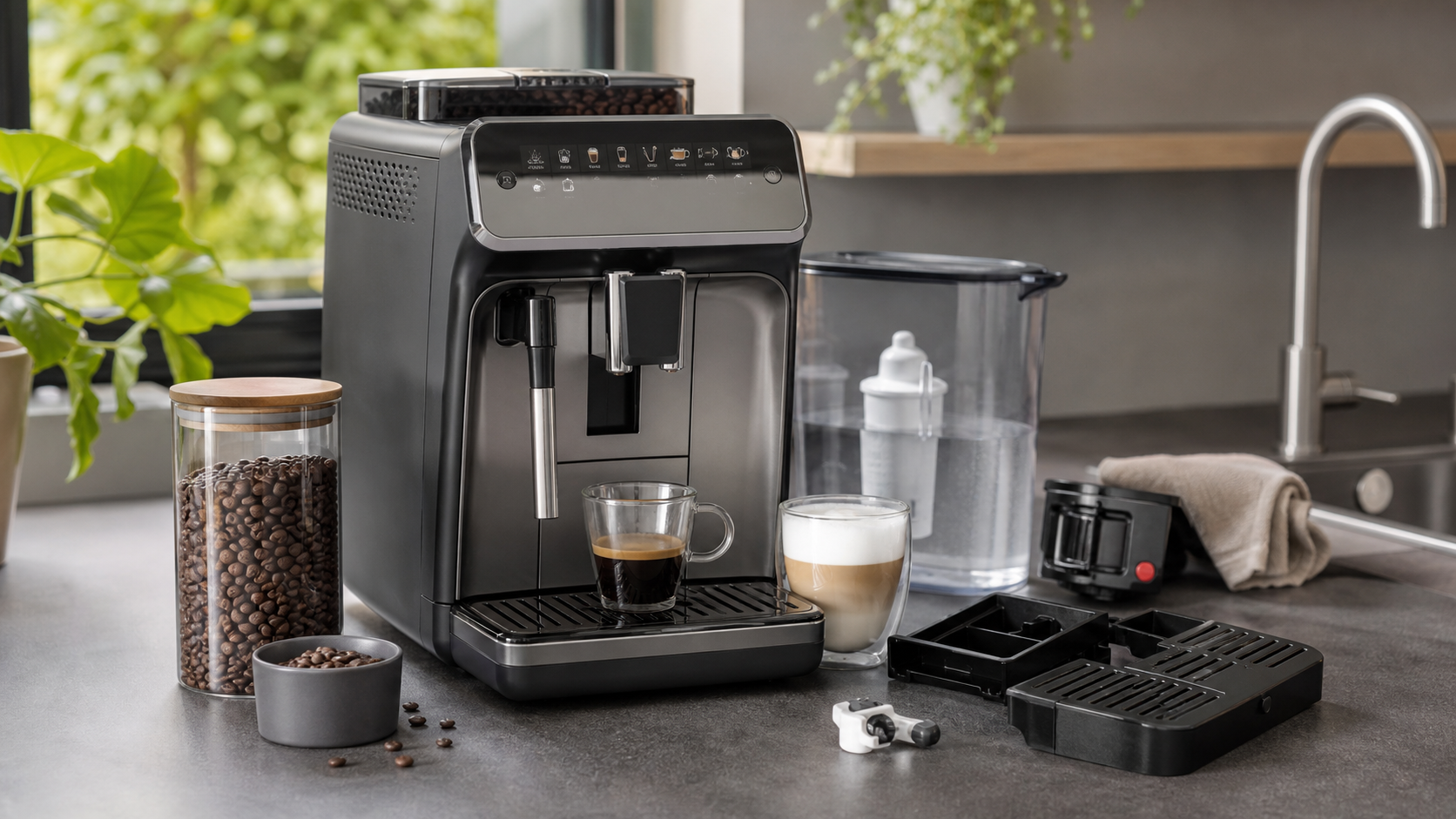 Premium bean-to-cup coffee setup showing beans, milk workflow and cleaning components