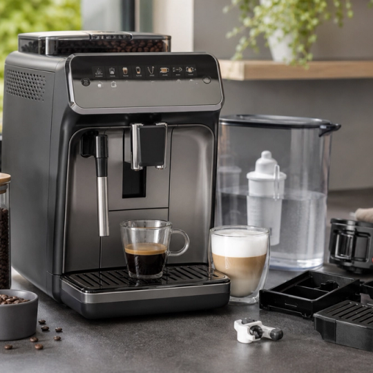 Premium bean-to-cup coffee setup showing beans, milk workflow and cleaning components